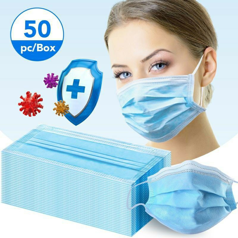 Masker 3 Ply Biru Earloop Non Hijab Face Mask 1 Box isi 50