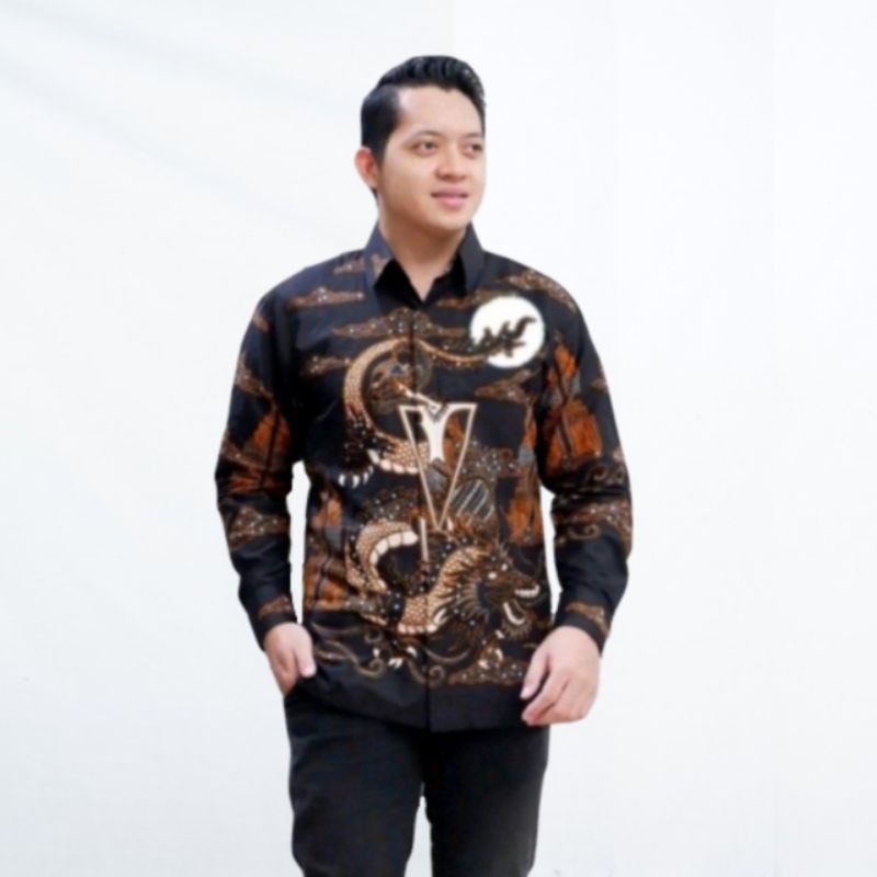 Kemeja Batik Pria Lengan Panjang Pendek Baju Atasan Cowok Modern Full Furing Motif Wayang Bulan Hita