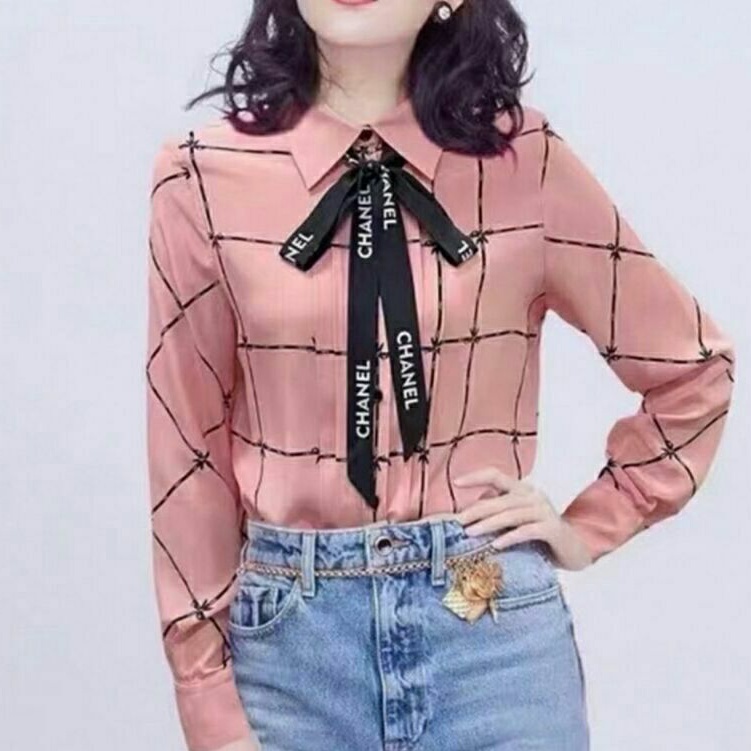 8751 Baju atasan kemeja TIENECK kerja kantor lengan panjang motif kotak kotak pink cewek import baju