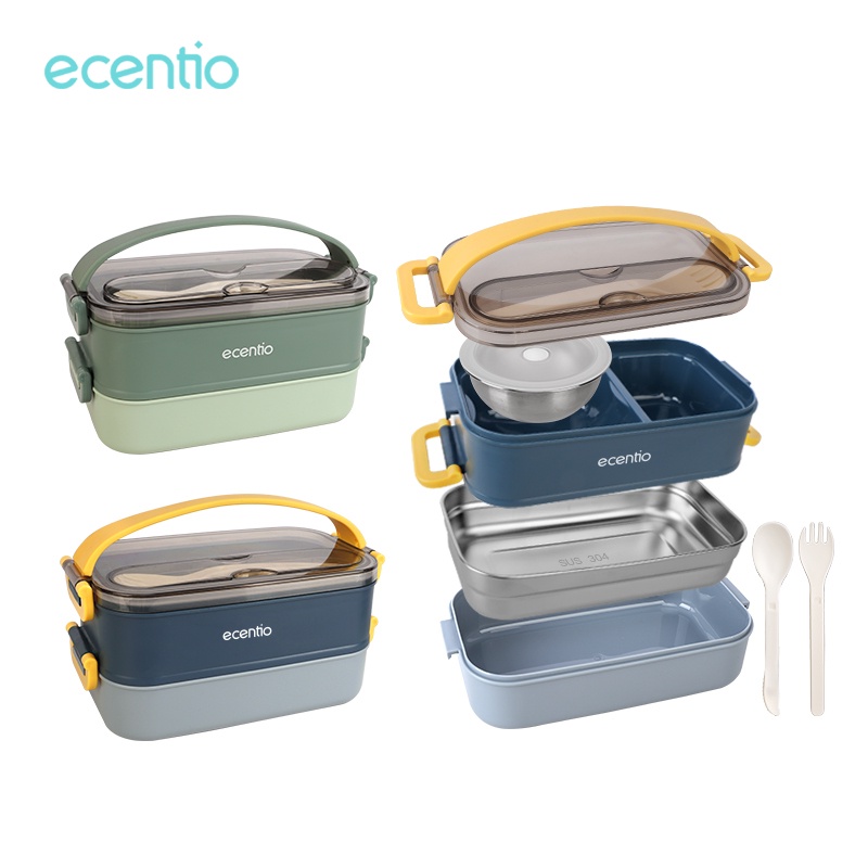 ecentio 2 susun tempat makan bekal stainless steel anti tumpah dan tahan panas wadah portabel kotak makan siang tempat makan double layer lunch box