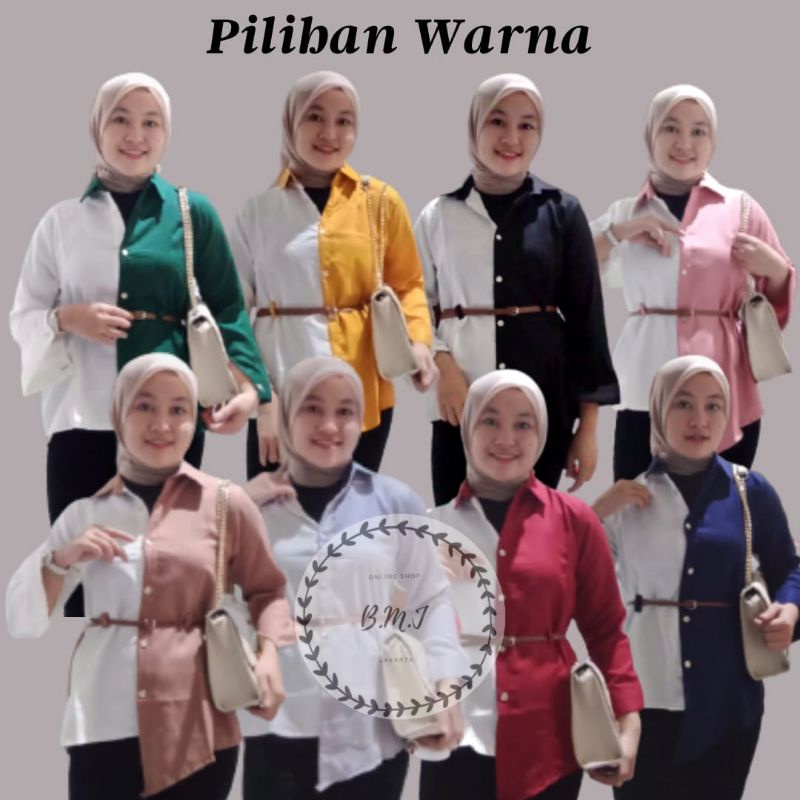 Kemeja Wanita Atasan Blouse Casual Polos Kombinasi Warna Motif Korean style Fashion Muslim 018-1