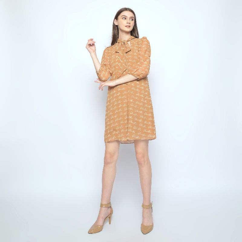 Defect Dress Cokelat Pita - Midi Dress Lengan Panjang - Printed A Line Loose Chiffon - Bisa untuk Bumil / Ibu Hamil