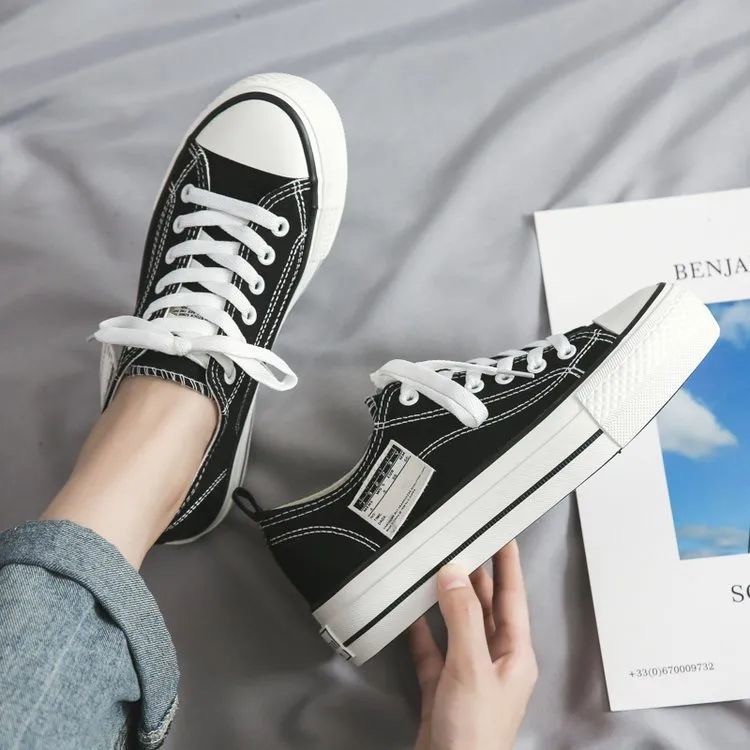 Sepatu Wanita Kanvas Sneakers Tali Outsole Tebal Tren Cewe Terkini Elegan Mewah Keren-HITAM