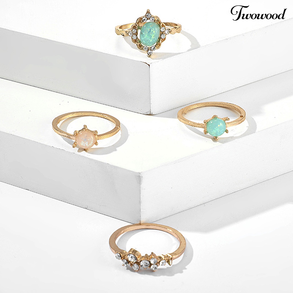 Twowood 4Pcs/Set Faux Gem Geometric Knuckle Rings Alloy Candy Color Stackable Finger Rings Jewelry Accessory