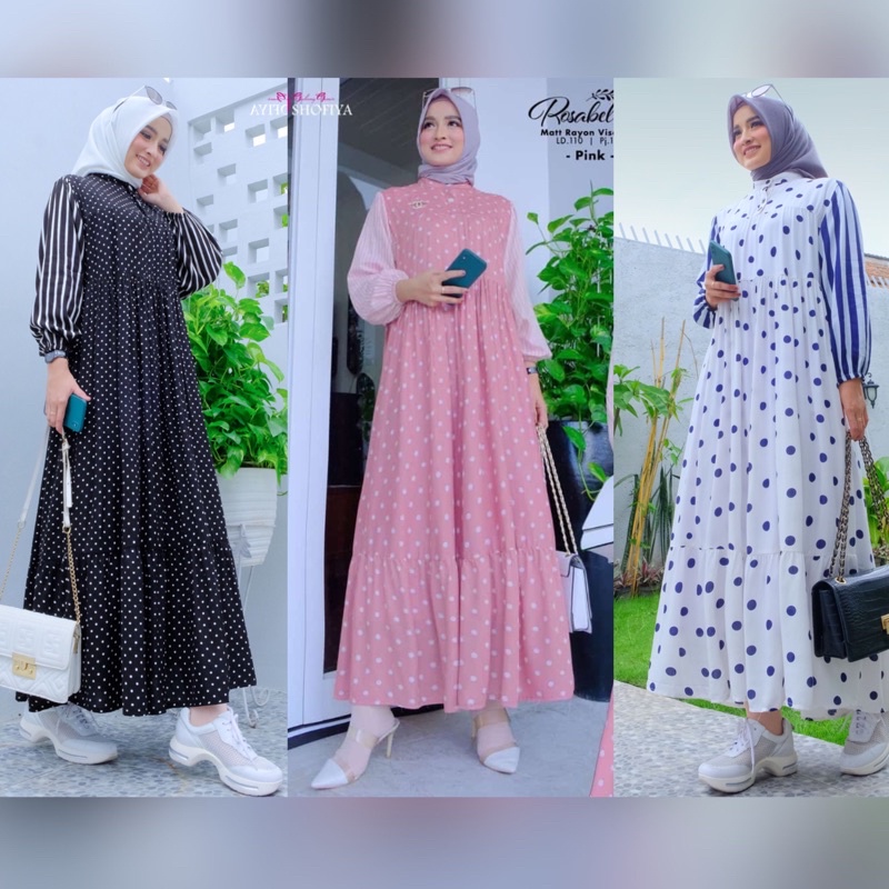 GAMIS ROSABEL MIDI DRESS COTTON KATUN RAYON MOTIF POLKA POLKADOT KOMBINASI LINE SALUR GARIS RESLETIN