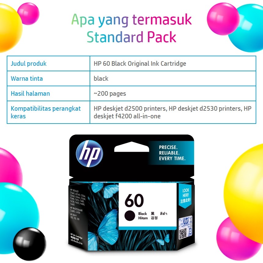 CARTRIDGE HP 60 BLACK / TINTA CATRIDGE HP60 HITAM ORIGINAL - RESMI