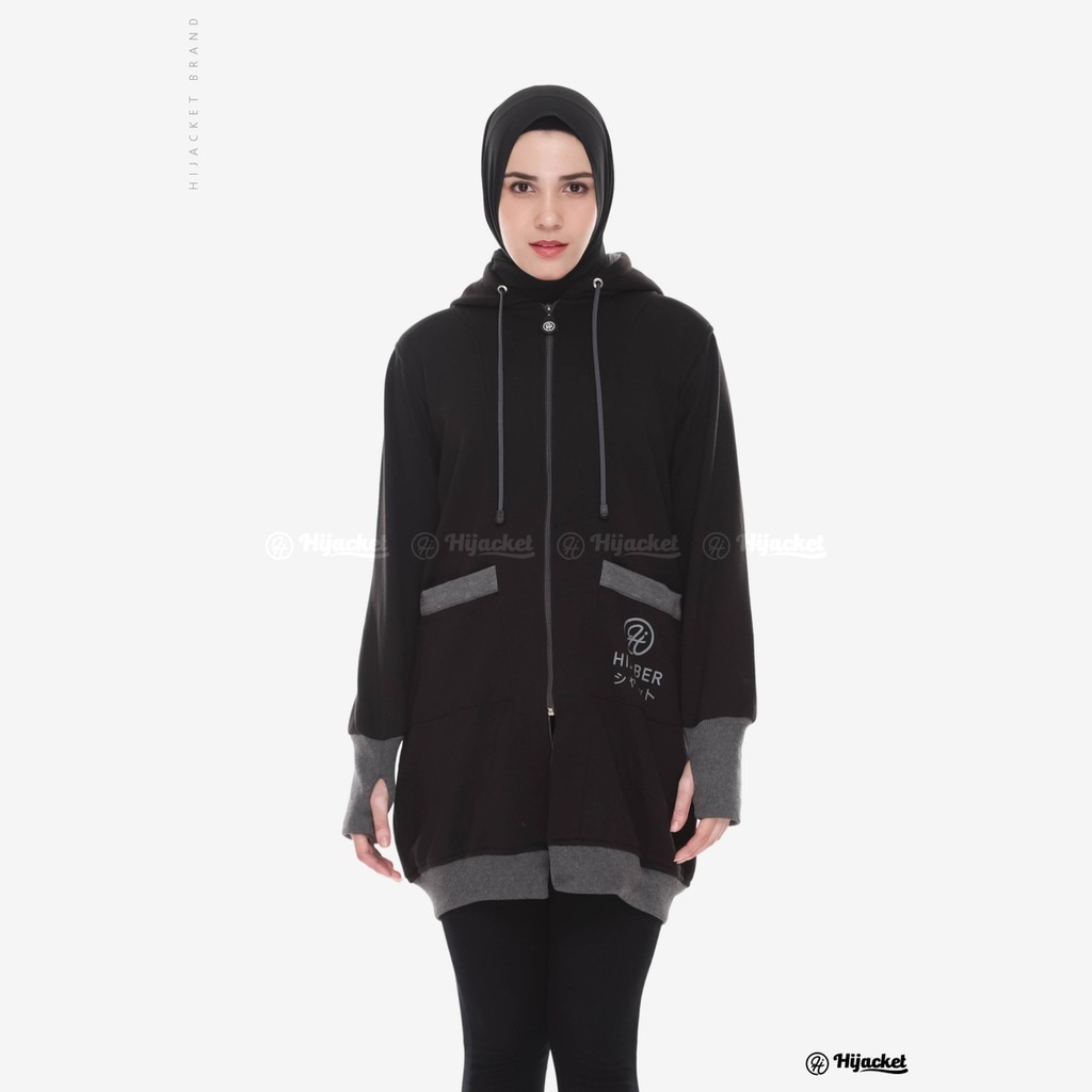 Hijacket Yukata (HJ YK) Jaket Japan With Finger Style Hijab Trendy Jaket Wanita Muslimah-BLACK