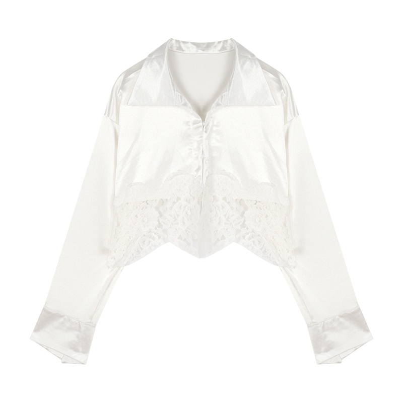 Suhao Shirt Lace Lengan Panjang Kemeja Crop Top