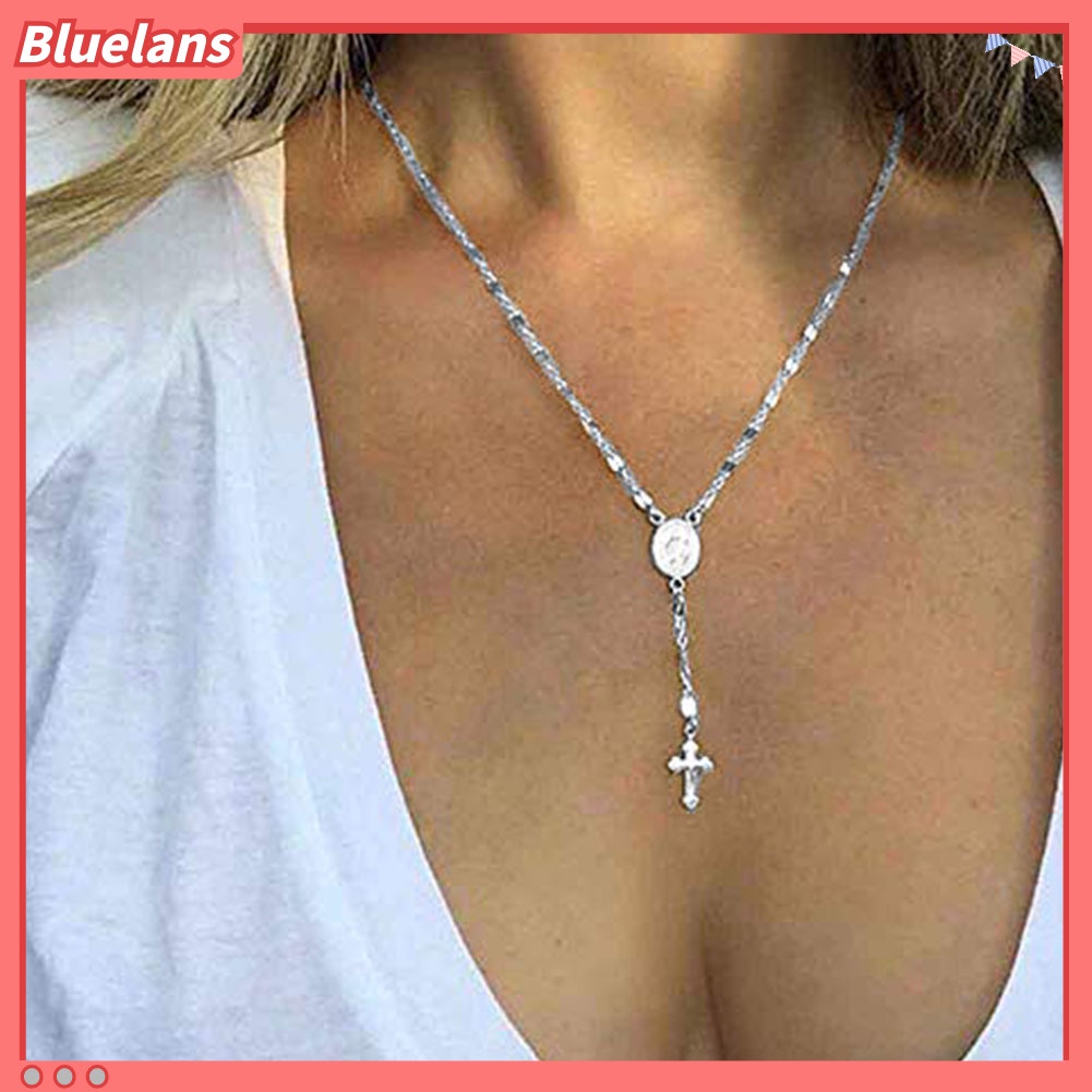 Bluelans Simple Women Cross Virgin Mary Oval Charm Lariat Y Necklace Religious Jewelry Gift