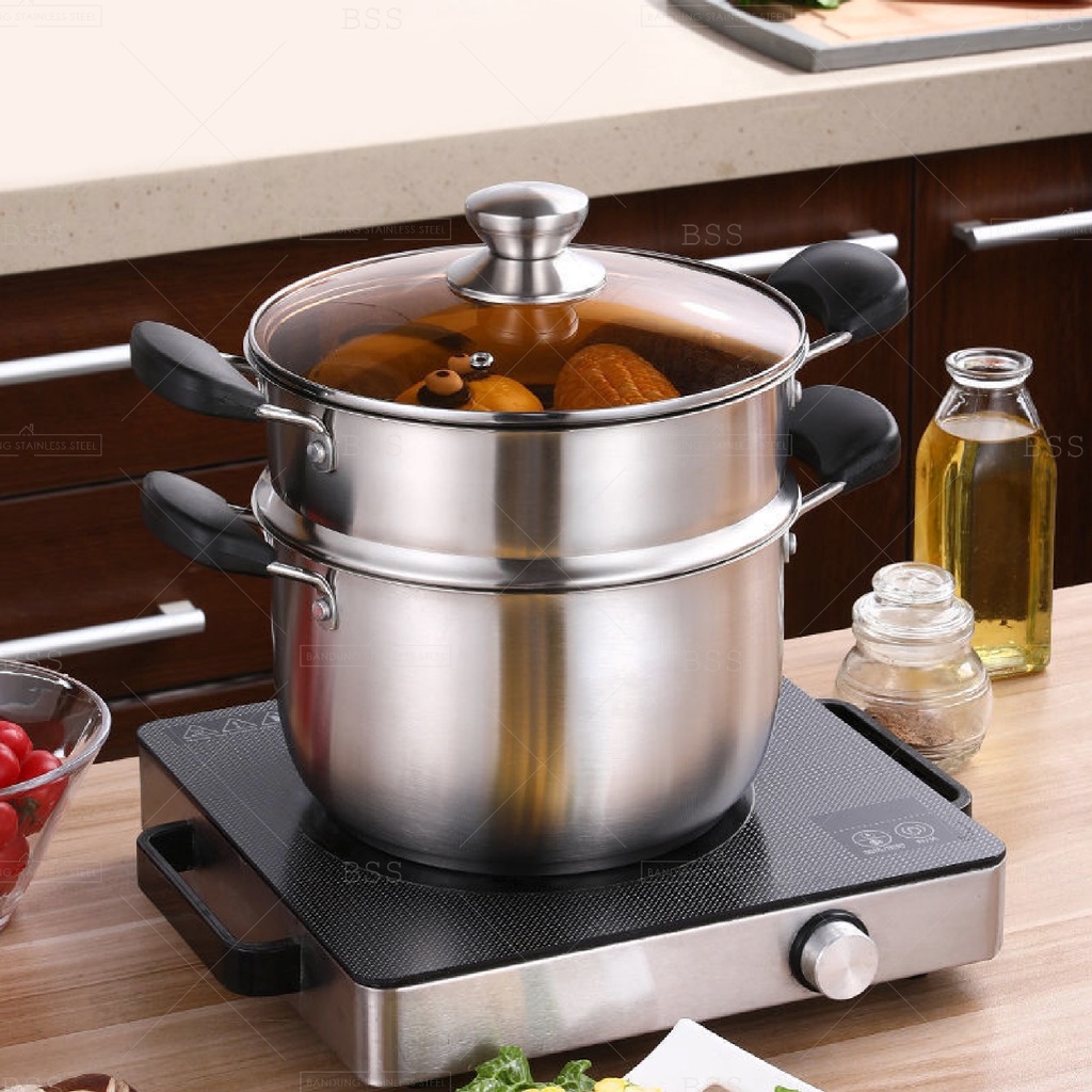 Panci Sup 24 cm Stainless TEBAL / Soup Pot tutup Kaca murah
