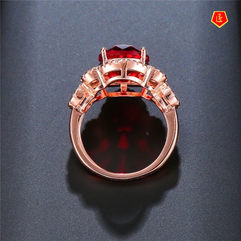 [Ready Stock]Fashionable High-End Ruby Diamond-Studded Ring Rose Gold Pattern