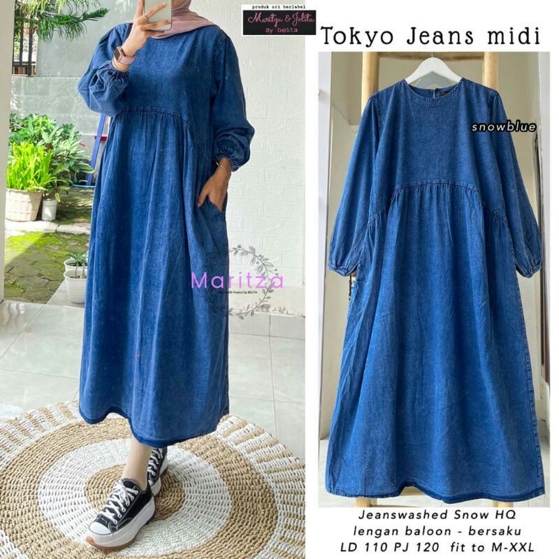 Tamstore Midi Dress Jeans Denim Lengan Panjang