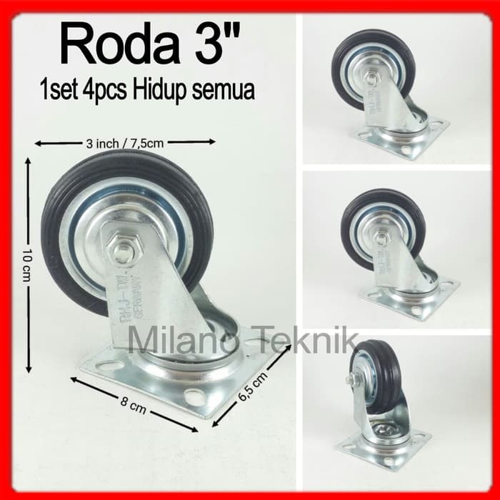 Roda Troli 3&quot; 1set(4pcs Hidup) Roda karet 3inchi 3 inch etalase