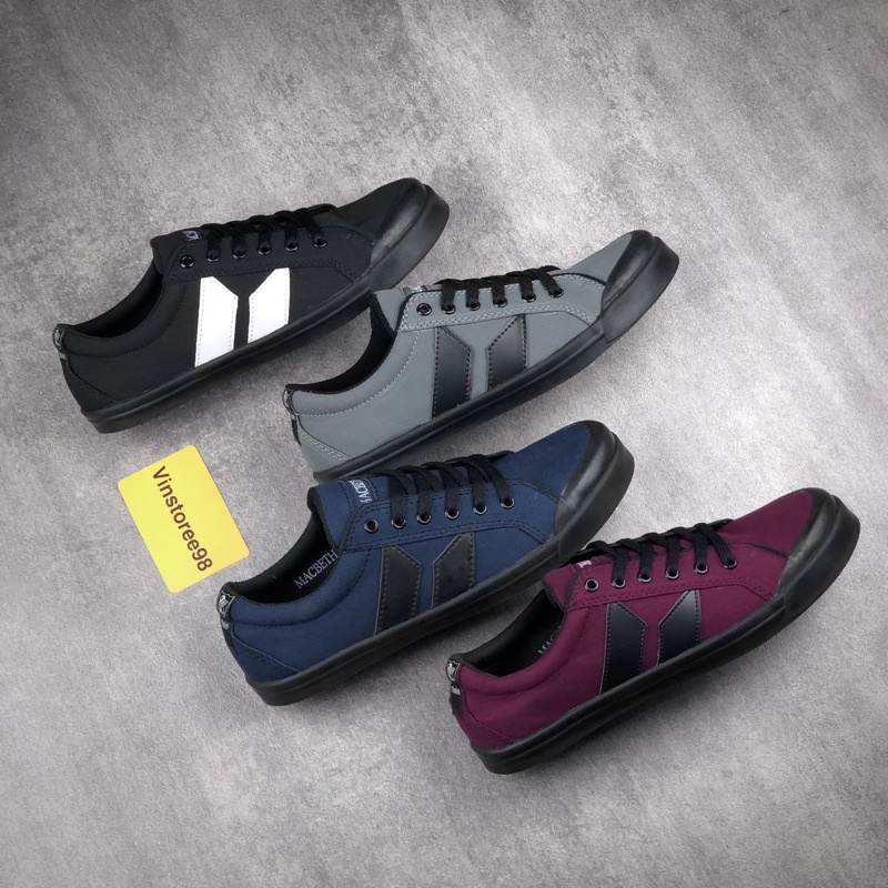 SEPATU PRIA KASUAL SANTAI MACBETH VEGAN BLACK WHITE FULLBLACK HITAM PUTIH HITAM POLOS SNEAKERS PREMI