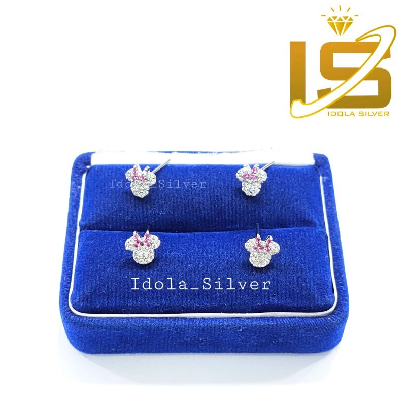 GIWANG TUSUK PERAK ASLI SILVER 925 LAPIS EMAS PUTIH MODEL MICKEY PINK - PERHIASAN PERAK ANAK/DEWASA