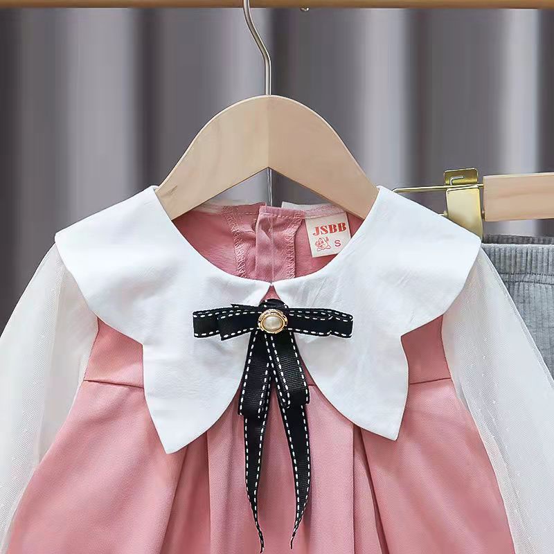 KF CAT Setelan anak perempuan import/ Set anak cewek baju kerah pita + celana legging korea casual style untuk 1 -5 tahun-3