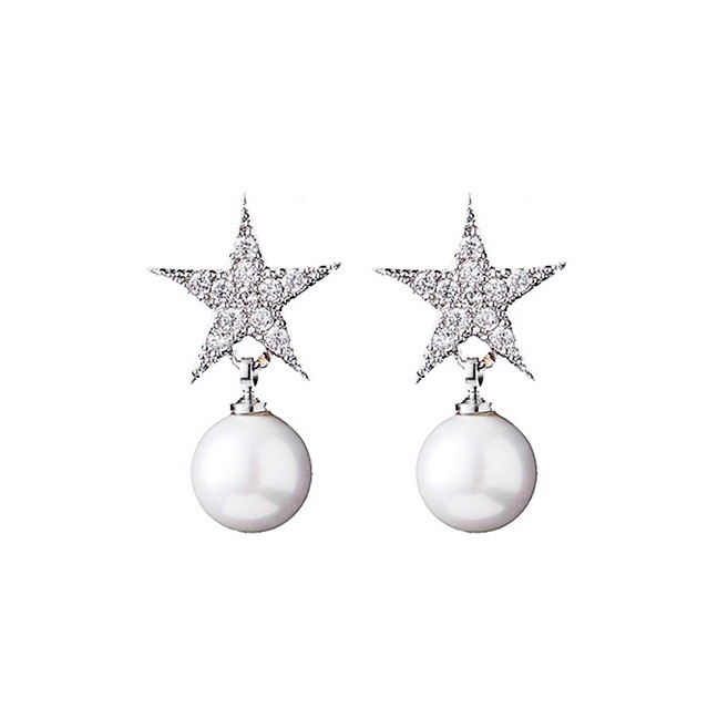 LRC Anting Tusuk Trendy Silver Color Stars&amp;pearls Decorated Pure Color Earrings E03809