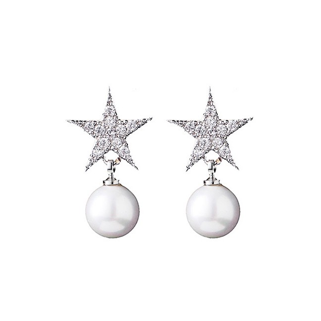 LRC Anting Tusuk Trendy Silver Color Stars&amp;pearls Decorated Pure Color Earrings E03809