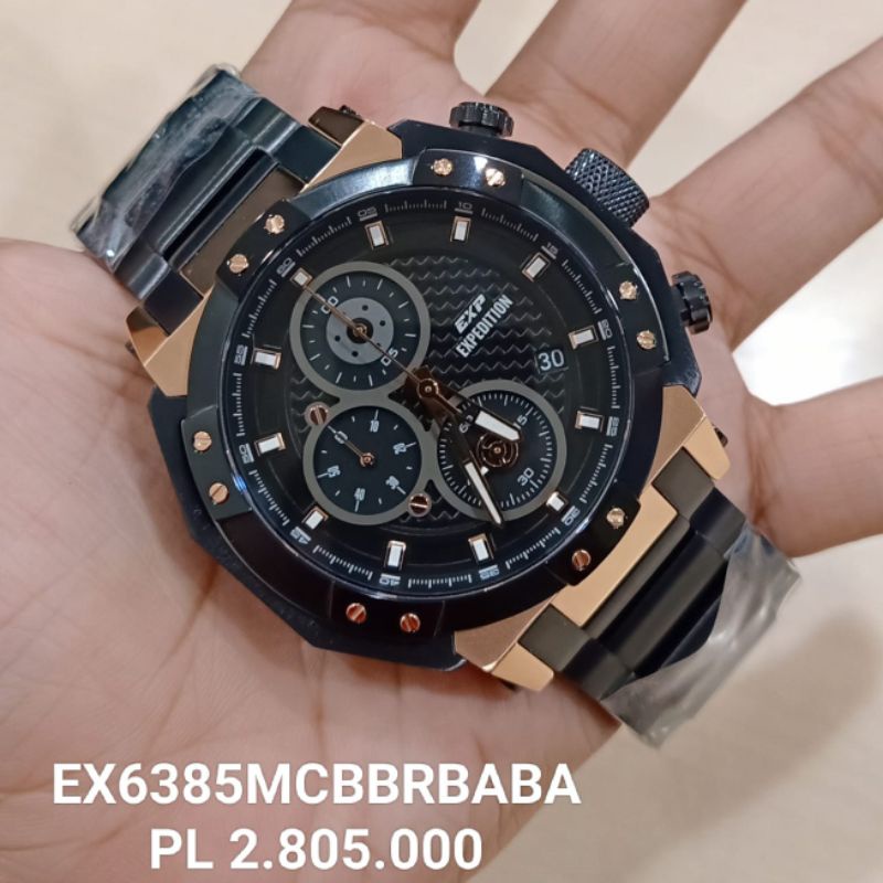Jam Tangan Besar New Expedition E6385 Pria Stainless Steel Tali Rantai Black Rose Gold Original