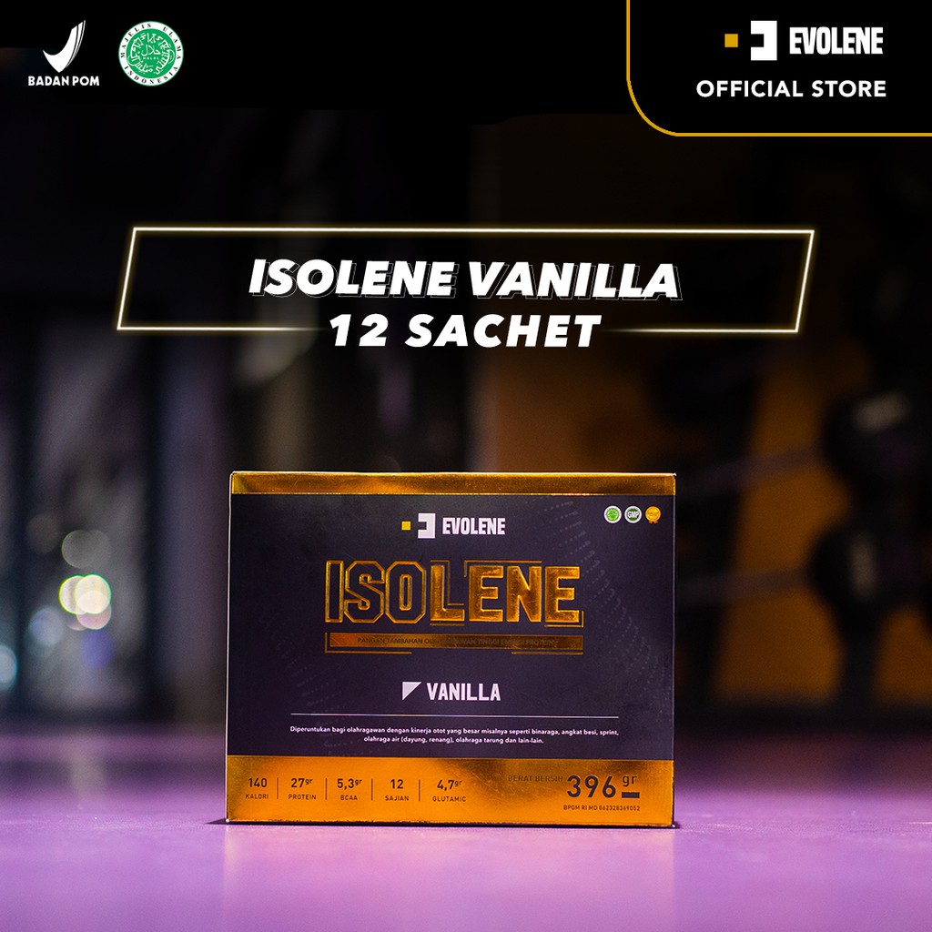 Isolene Vanilla 396gr/12 Sachet Kualitas Premium - Suplemen fitness pembentuk Otot - Defisit kalori - Susu Protein - Suplemen Fitness - Minuman Protein - Suplemen Workout - Whey protein isolate Evolene Evoline Evolen