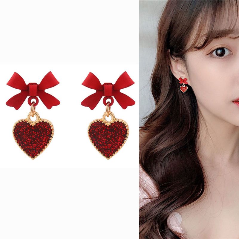 FerenHongXia Anting Pita S925 Perak Jarum Korea Temperamen Anting Sederhana Ungu Busur Anting Hati Kecil