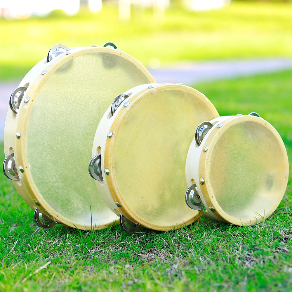 3pcs Alat Musik Perkusi Drum Tamborin Bulat Bahan Kulit Sapi Untuk Anak