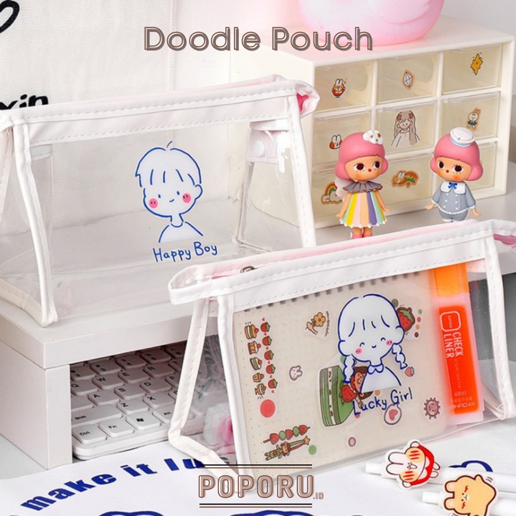 POPORU Doodle Pouch Transparent - Make Up bag - Transparan Pouch bening kosmetik - tas travel makeup