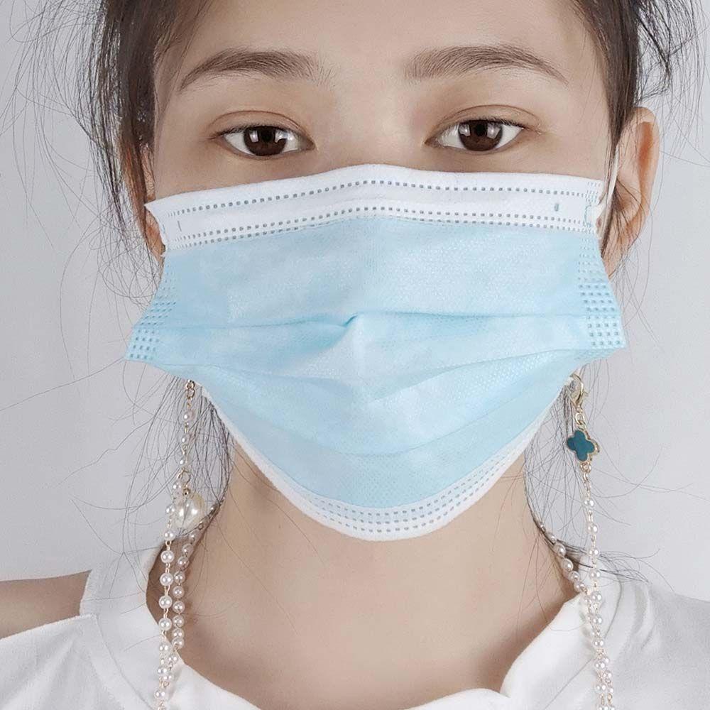 [Elegan] Rantai Masker Mutiara Penutup Wajah Kalung Temperamen Bunga Mutiara Rantai Empat Daun Semanggi Tembaga Unisex Topeng Lanyards