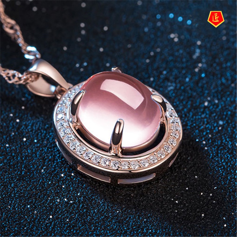 [Ready Stock]Rose Gold Micro-Inlaid Pink Crystal Rose Quartz Pendant Silver Necklace