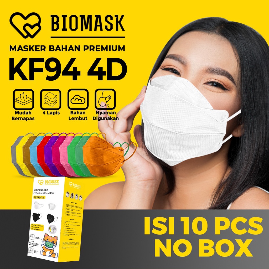 BIOMASK - Masker KF94 EVO 4D Premium 4ply - 10 PCS Biru / Abu Abu / Hijau / Kuning / Coklat / Pink /