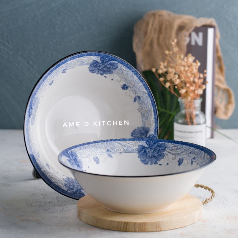 Mangkok bijian keramik bulat besar 9"/ mangkok sayur motif bunga biru