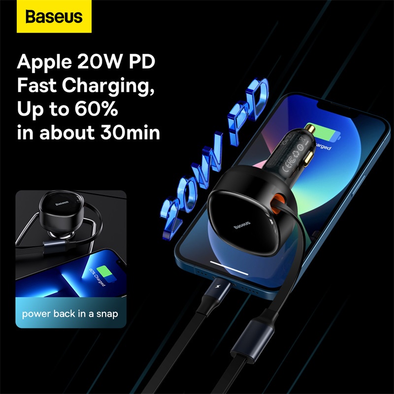 Baseus Car Charger Mobil 30W 2IN1 Built in Type-C Iphone Fast Charging