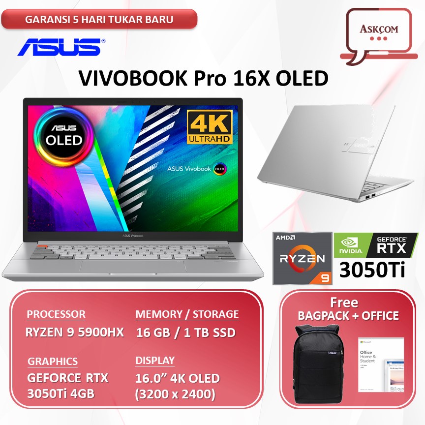 Laptop ASUS VIVOBOOK PRO 16 M7600QE OLED914 4K OLED RYZEN 9 5900HX 16GB 1TBSSD RTX3050Ti 4GB 16.0&quot;UHD 4K Windows11+OHS