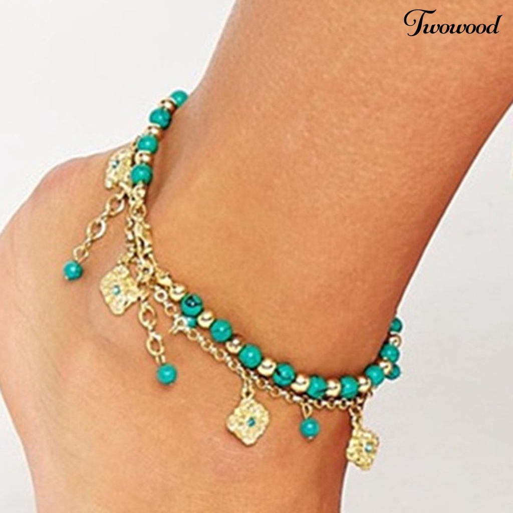 Twowood 2Pcs/Set Ankle Bracelet Faux Crystal Adjustable Alloy Bohemian Faux Turquoise Bead Beach Anklet for Beach