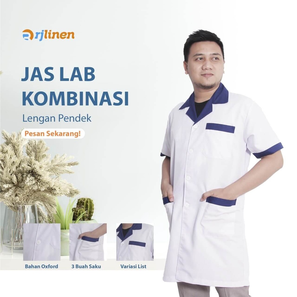 RJLINEN Jas Laboratorium Kombinasi Seragam Lab Baju Praktek Klinik Pria Wanita Lengan Pendek dan Panjang