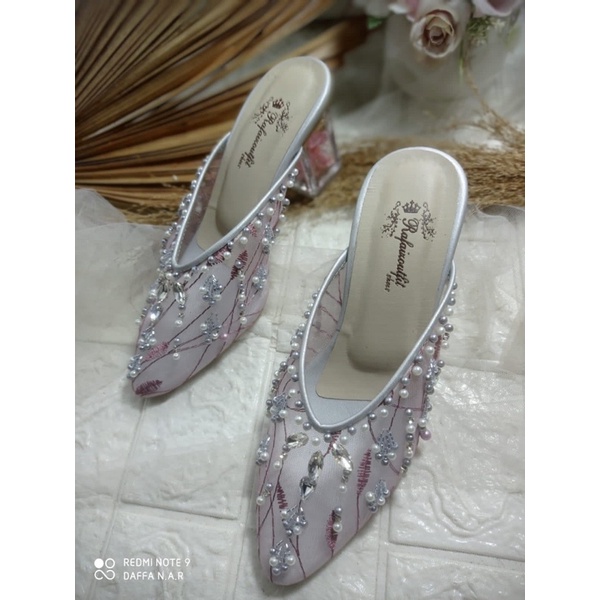 sepatu Marrisa purple silver bunga tinggi 7cm kaca