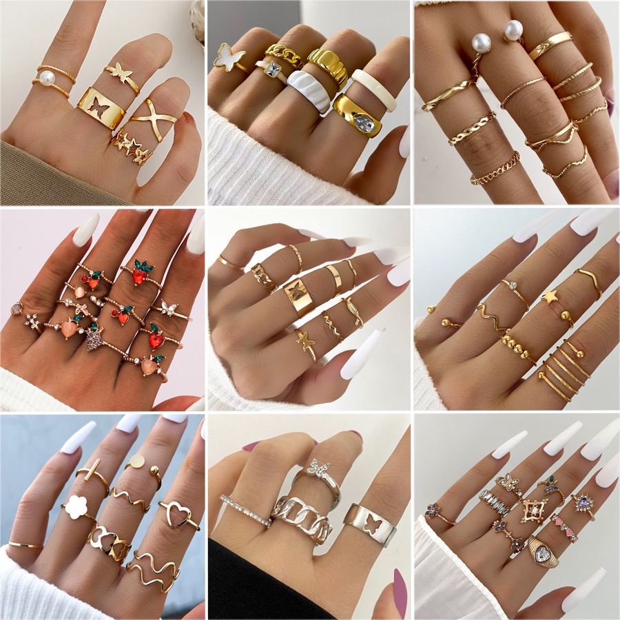 Set Perhiasan Cincin Jari Bahan Logam Dapat Disesuaikan Aksen Mutiara Gaya Punk Bohemian Untuk Wanita