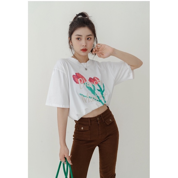 kaos atasan wanita/korean style import motif flower t shirt/kemeja wanita putih