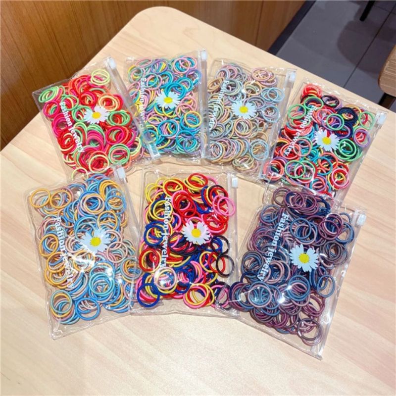 (100PCS) Ikat Rambut Tambang Set Free Pouch Daisy Flower - KUNCIR RAMBUT PONYTAIL POUCH