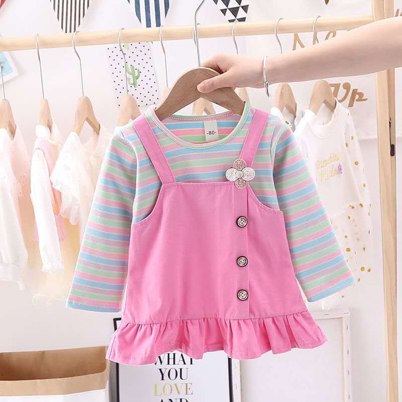 Dress anak perempuan jumpsuit / rok ruffle +lengan panjang motif garis garis gaun anak cewek lucu import-Pink