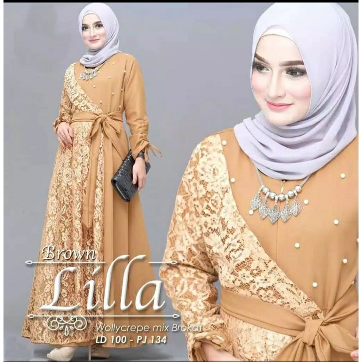 Gamis Lilla Mix Brukat Terbaru / Gamis Modern / Busana Muslim Terbaru / Gamis Murah-Mocca