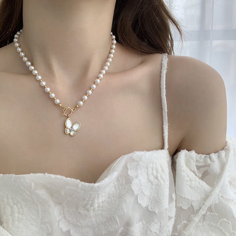 Pearl Crystal Butterfly Necklace Choker Korean OT Buckle Chain for Women Jewelry Fashion Accessories