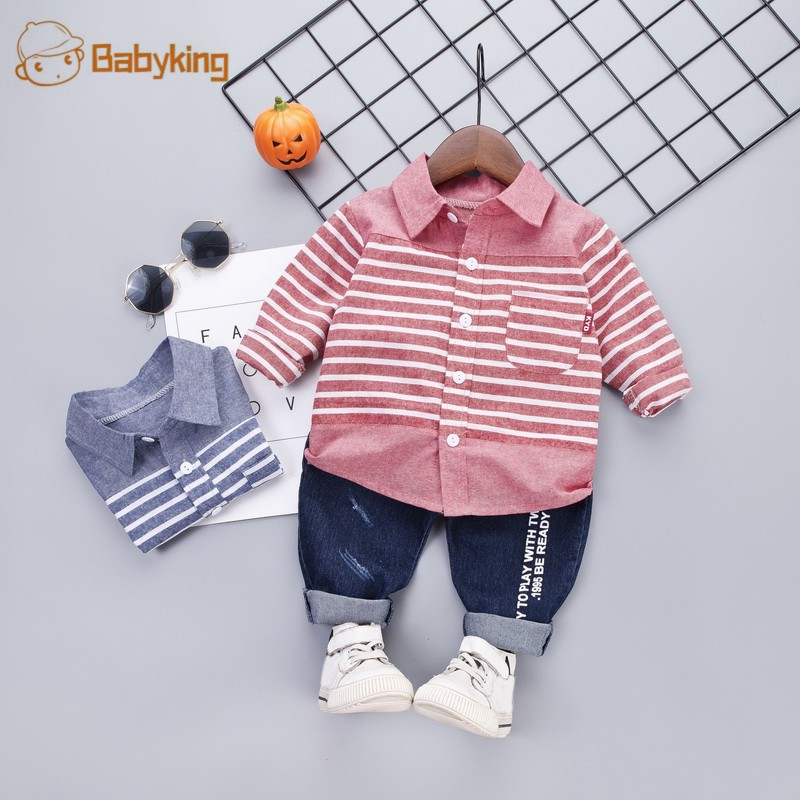Set 2Pcs Kemeja  Lengan Panjang Motif Garis Garis dan  