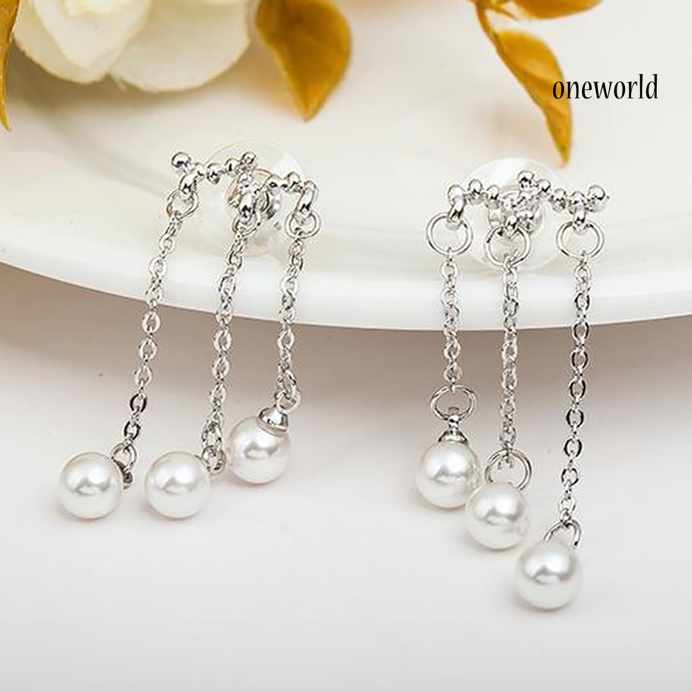 OW@ Elegant Party Women Triple Tassel Faux Pearl Long Dangle Stud Earrings Jewelry