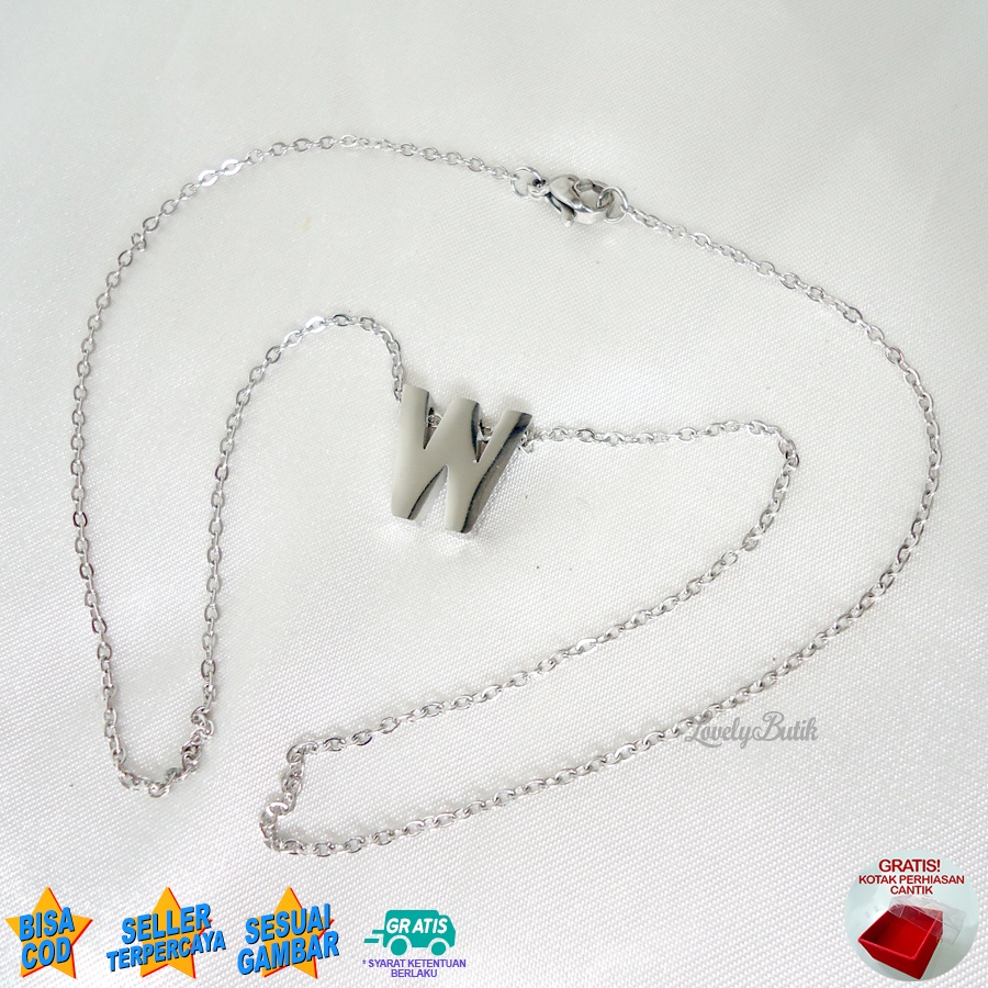 Lovelybutik Kalung Titanium Inisial Abjad Nagita 4ccent Kalung Alfabet Huruf Titanium J,K,PV,W Warna Silver Bonus Kotak Perhiasan