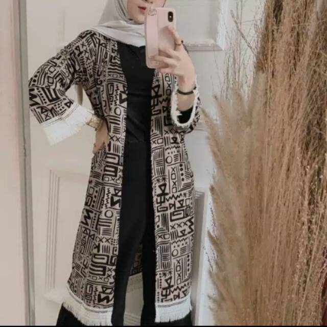 Bohemian Outer Fringe Motif Long Cardi/ Cardigan/ Cardigan Wanita