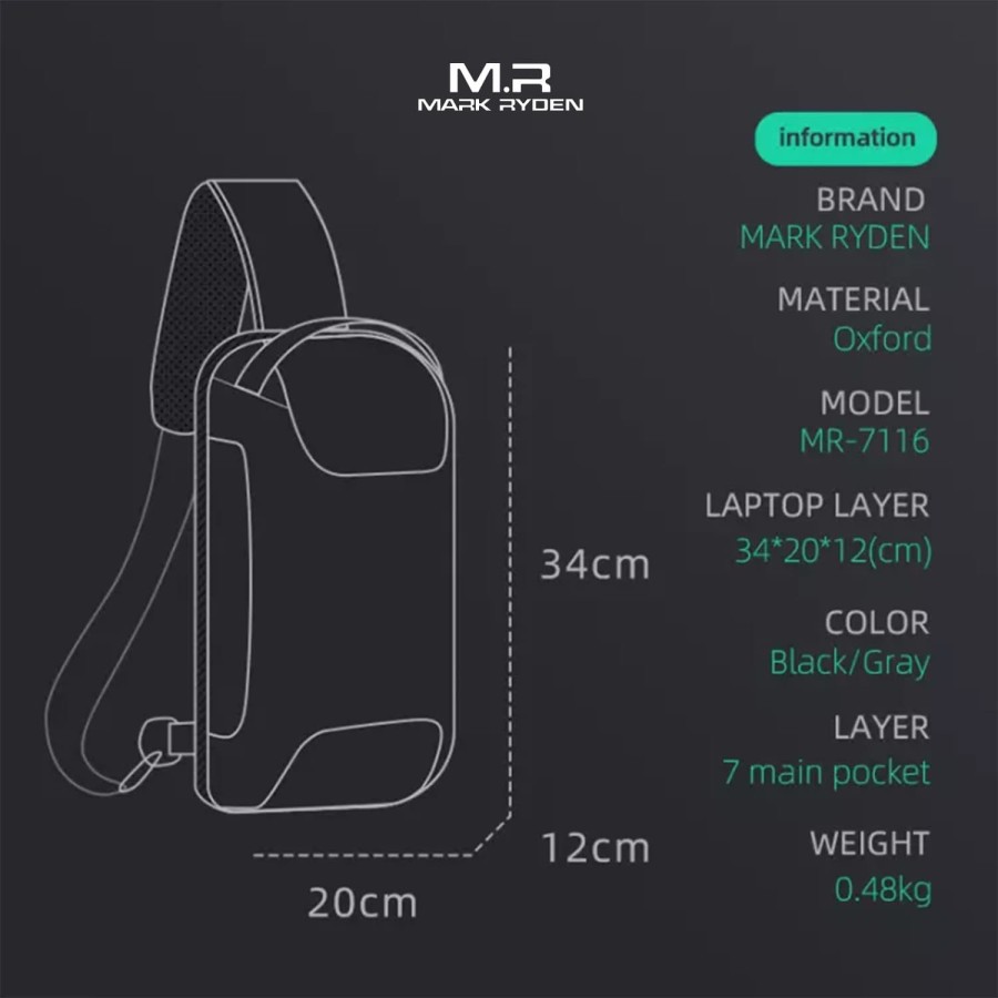 Tas Selempang MARK RYDEN MR7116 Original Sling Bag Anti Maling TSA USB