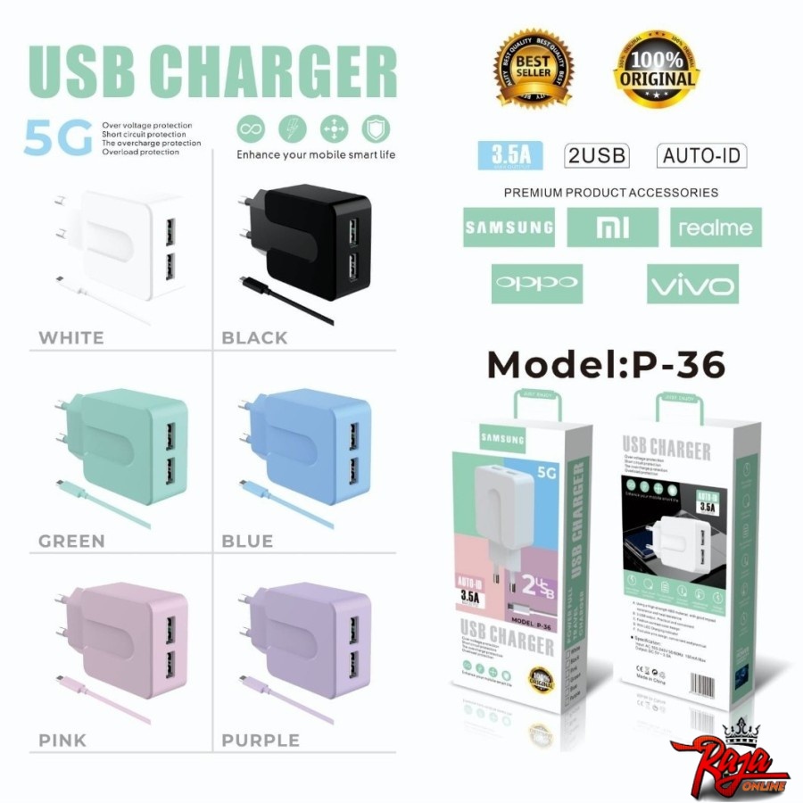 P36 - Fast Charging 3.5 A Premium Charger Casan Macaron 2 USB