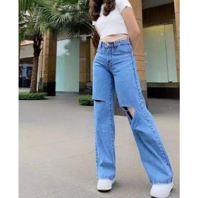 celana kulot jeans wanita sobek lutut claudia