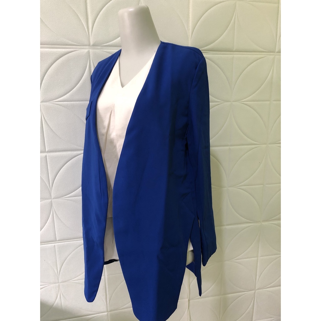 Blazer/Outer Wanita Biru Benhur tanpa Kancing dengan Slit/ Potongan Stylish di Samping